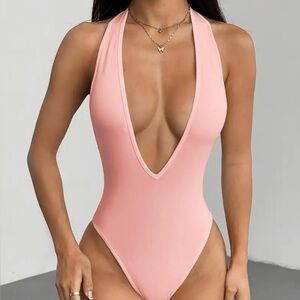 Elegant Pink Halter One-Piece Swimsuit